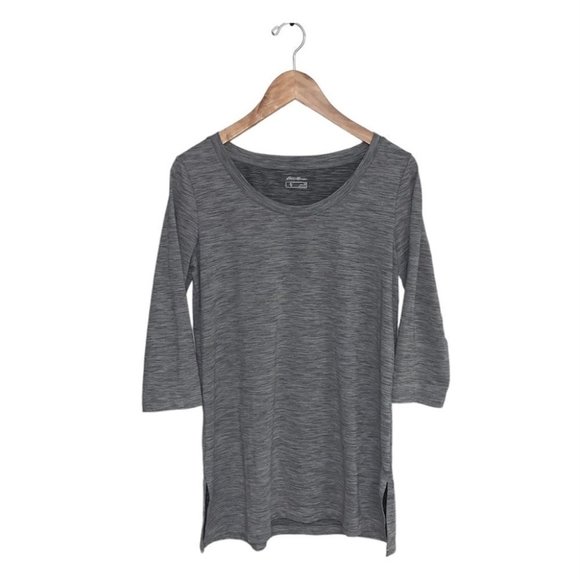 Eddie Bauer Top Women's Size Medium 3/4 Sleeve Blouse Slits Grey‎ White Shirt - Picture 1 of 7